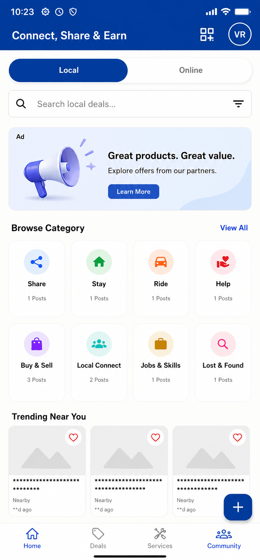Nearmedeals app Community tab showing local post categories — Share, Buy & Sell, Local Connect, Jobs & Skills, Lost & Found — and a Trending Near You feed of real neighbour posts
