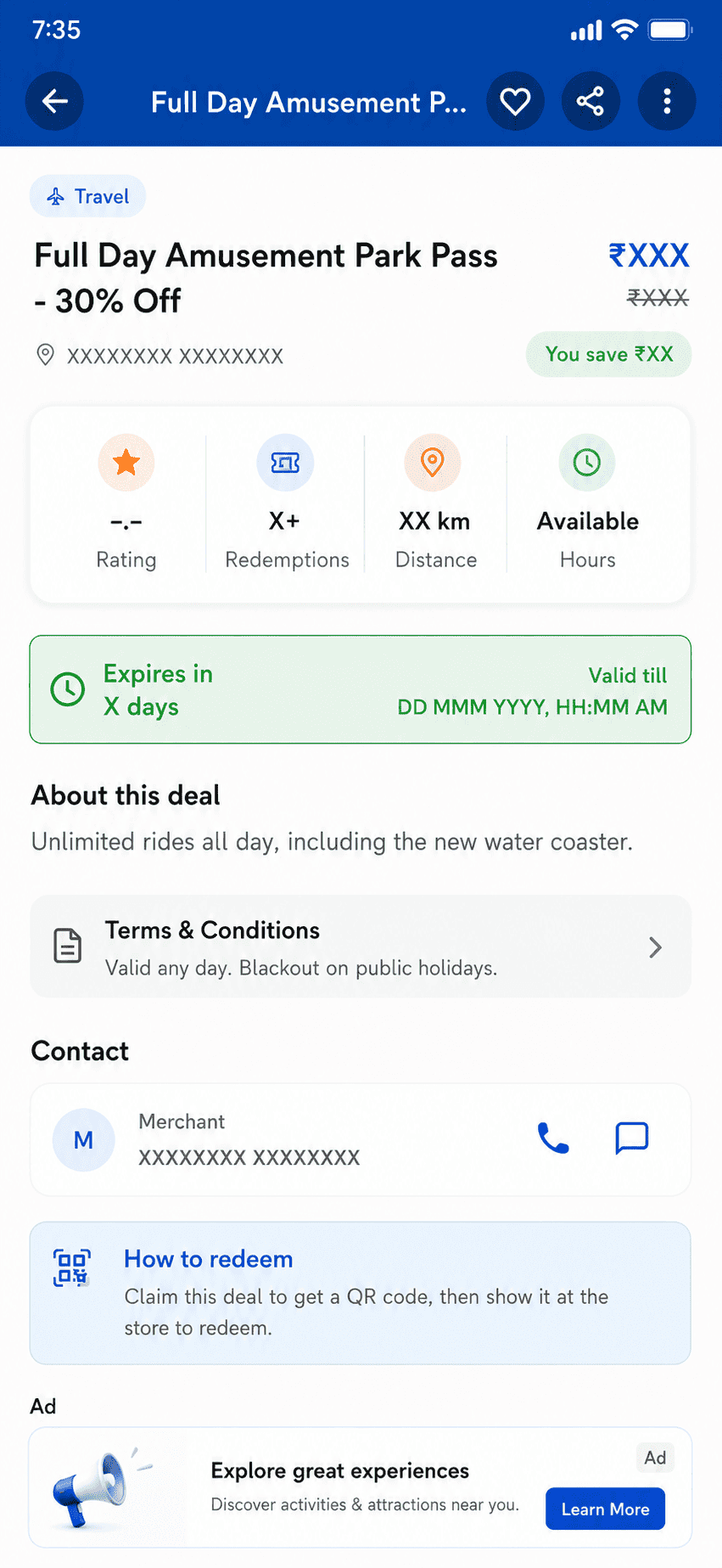 Nearmedeals deal details screen for a full-day amusement park pass, showing the price with the original price struck through, a countdown until the deal ends, how many redemptions are left out of a fixed stock, and the merchant's trust score with a quality, safety, value-for-money and customer-service breakdown