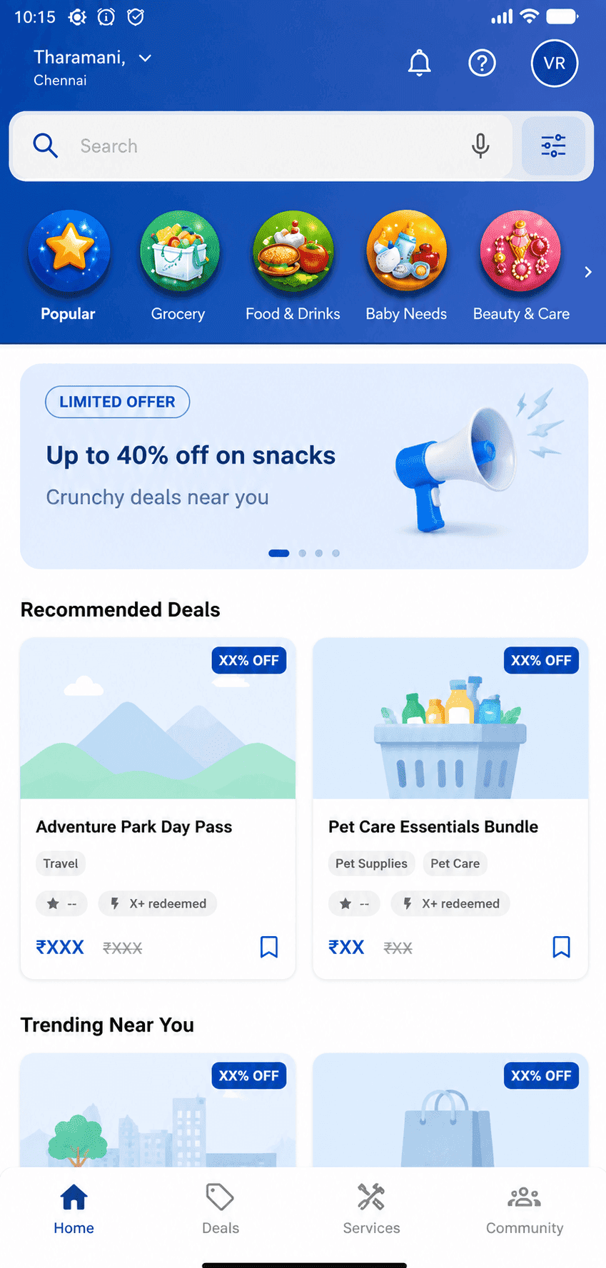 Nearmedeals app home screen showing a location-set search bar, category shortcuts, a live discount banner, and a Recommended Deals grid with real prices and distances