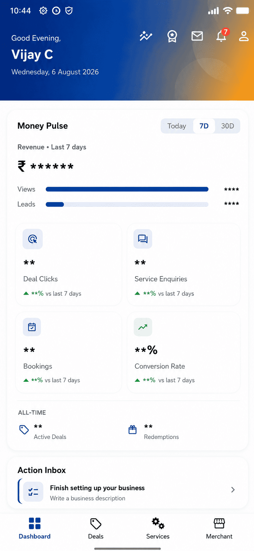 Nearmedeals merchant app dashboard showing 7-day revenue, deal clicks, service enquiries, bookings and conversion rate, plus all-time active deals and redemptions