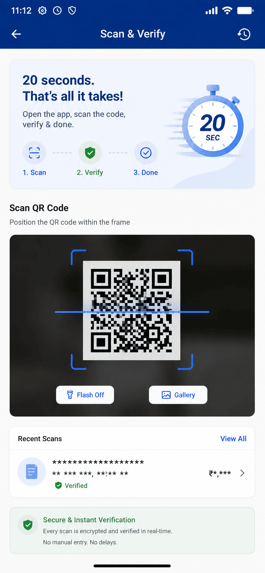 Nearmedeals merchant app Scan & Verify screen showing the three-step scan, verify, done flow, a live QR scanner viewfinder, and a recent scan confirmed as verified