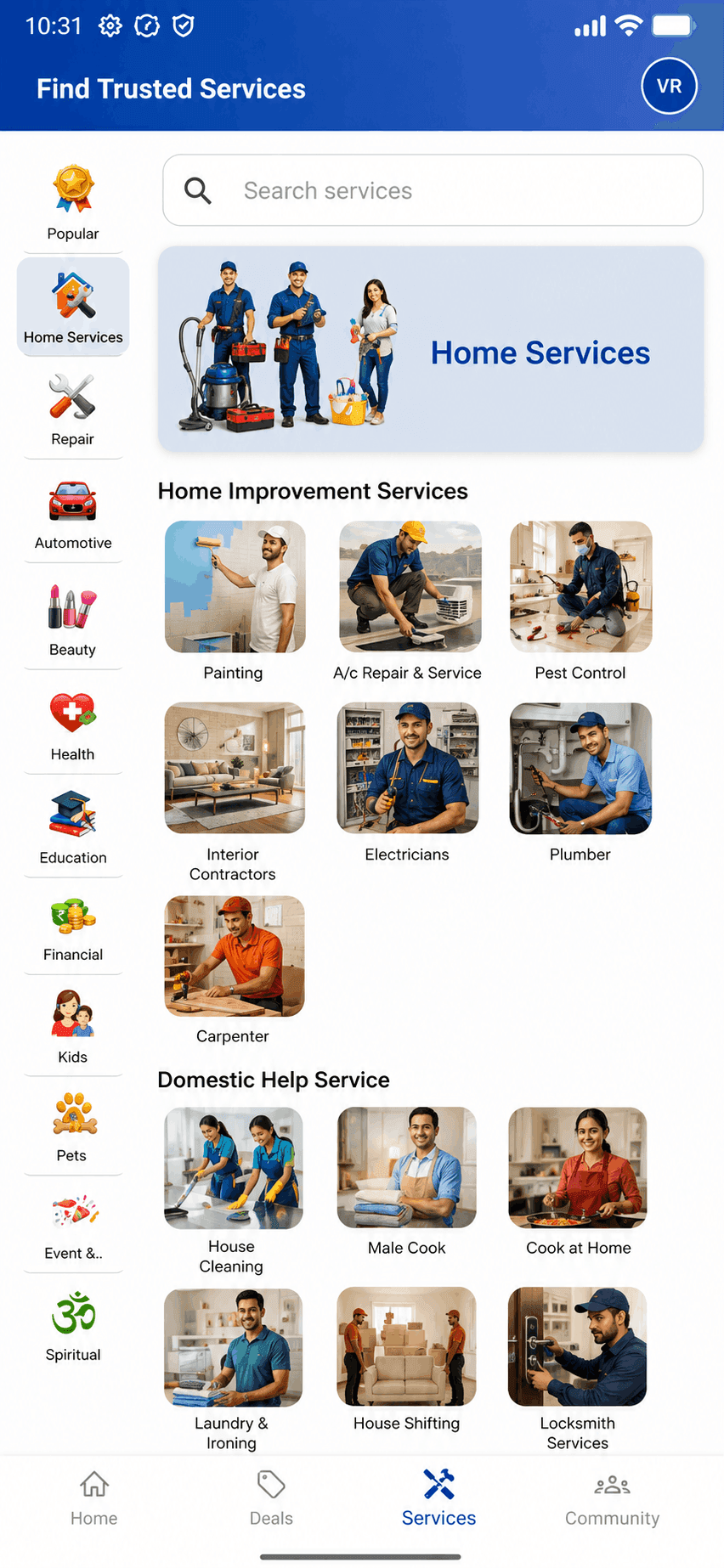 Nearmedeals app Services tab showing trusted local providers grouped by category, with a Home Services grid including painting, AC repair, electricians and plumbers